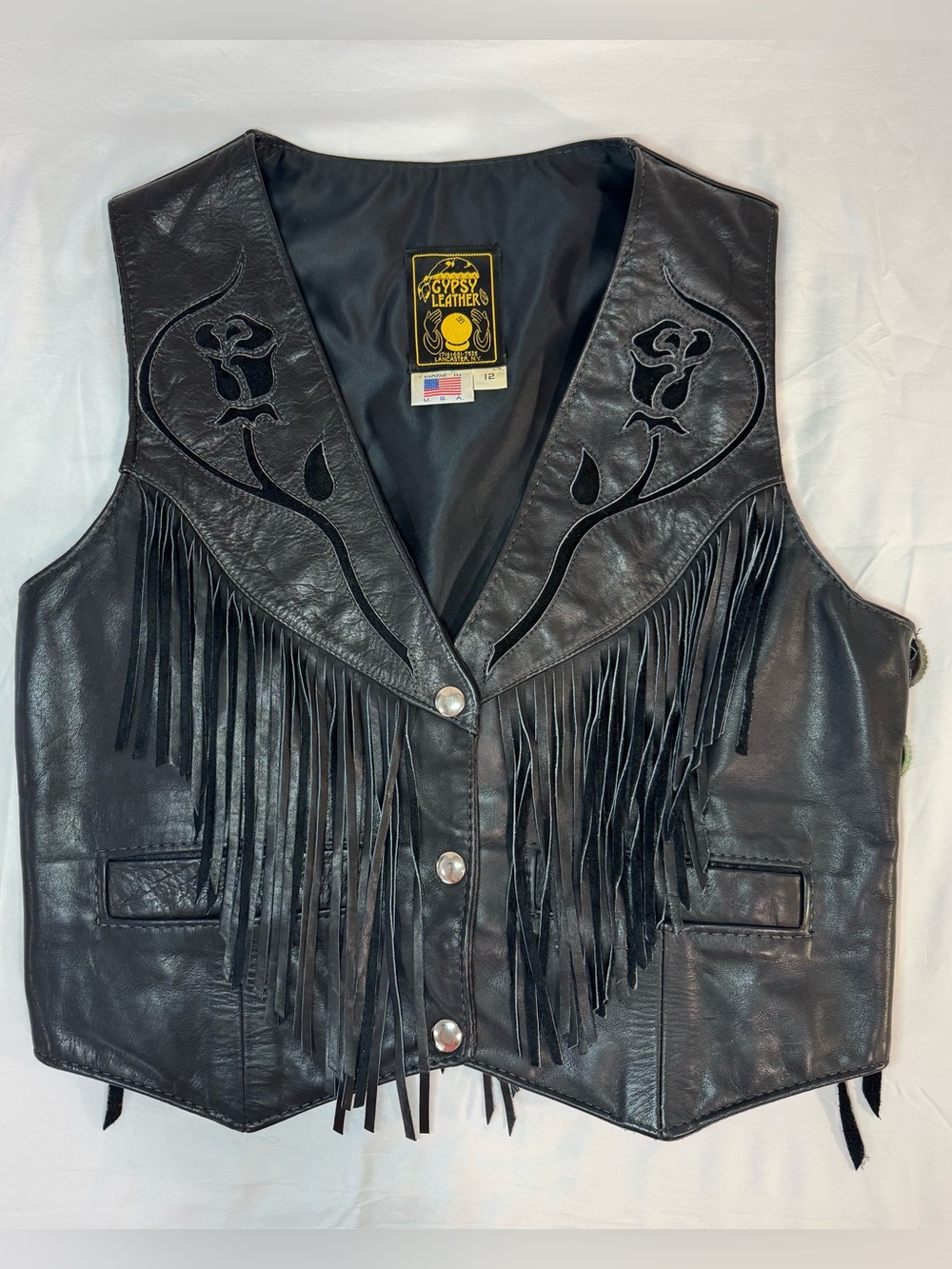 Vintage Gypsy Leather Black Fringe Western Vest USA Size 12